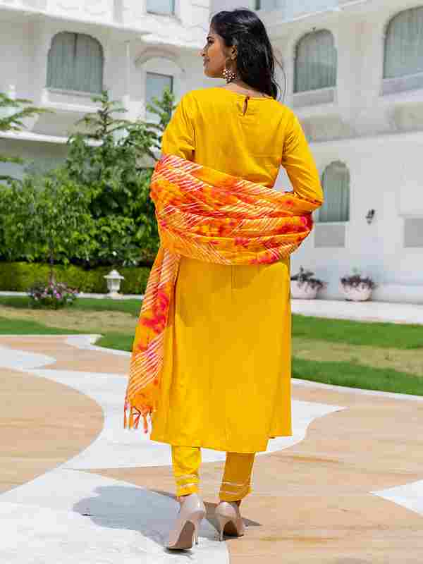 A Straight Solid Yellow Embroidered Rayon Kurta With Pants And Kota Doria Dupatta