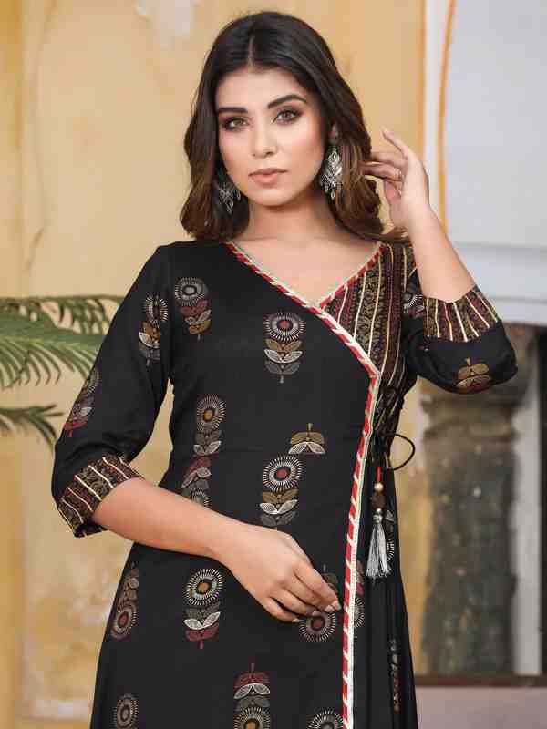 Black Rayon Slub Printed Kurta With Palazzo