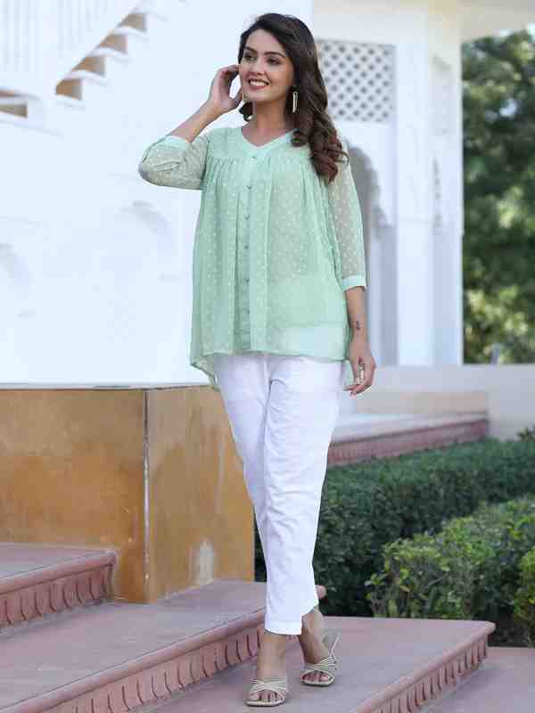Green Chiffon Dobby Gathered Top With Flared Hemline With Cotton White Flared Pants