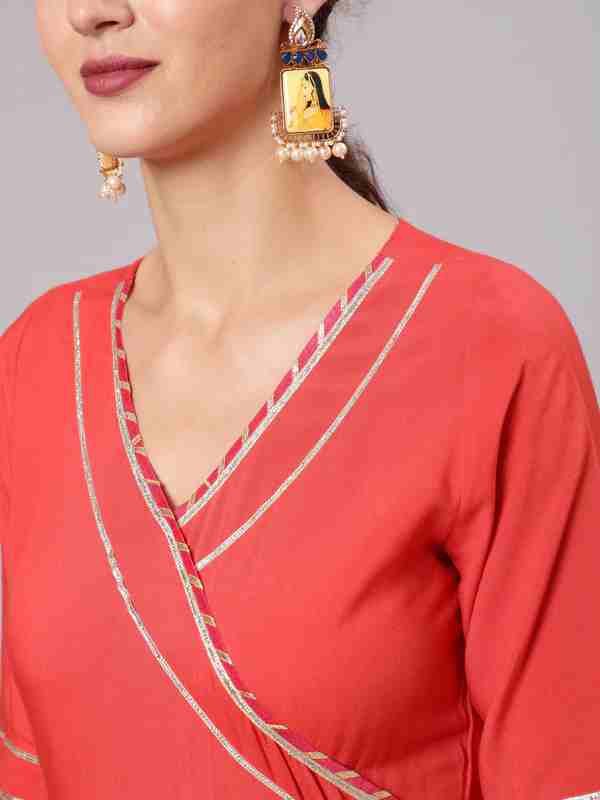 Rust Solid Gota Embellished Anarkali Kurta With Chanderi Dupatta
