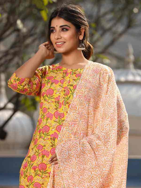 Yellow Ethnic Motifs Print Straight Cotton Kurta With Palazzos & Dupatta