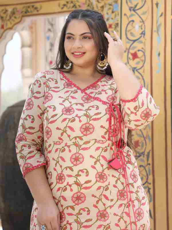 Beige Ethnic Print Embroidered Cotton Angrakha Style Kurta With Palazzo