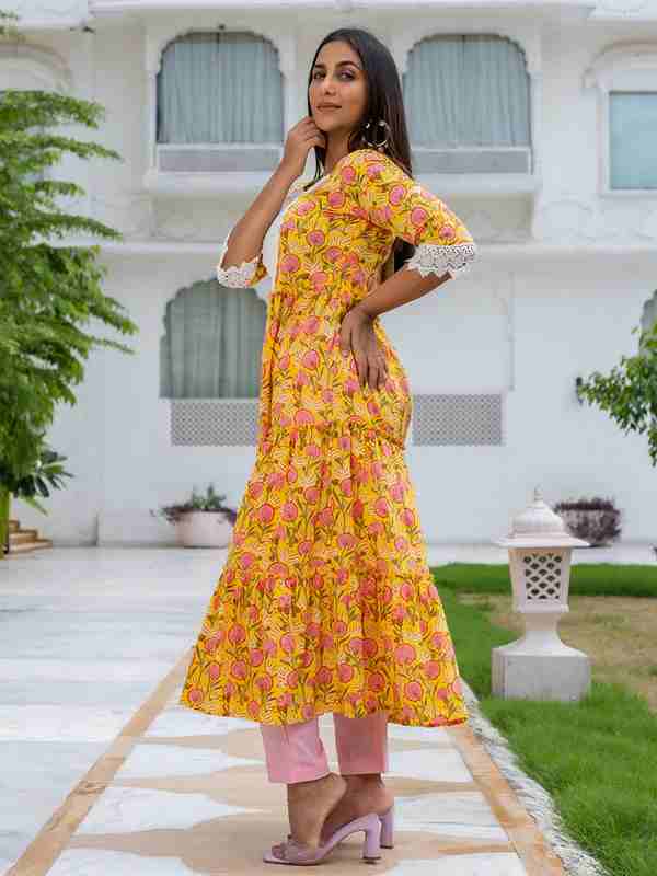 Tier Printed Flared Kurta With Cotton Pant