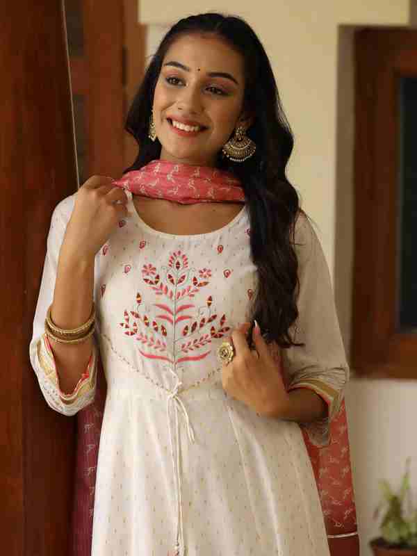 White Lurex Cotton Embroidered Anarkali & Printed Kota Doria Dupatta