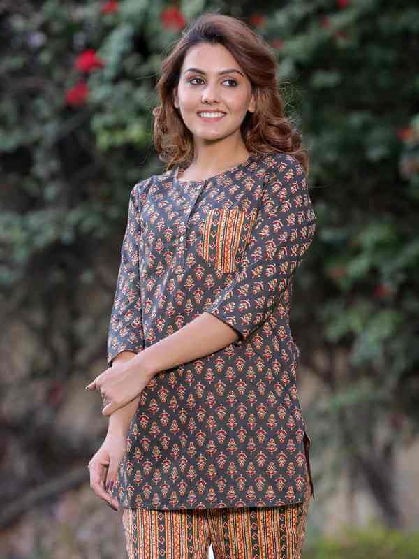 Olive Ethnic Print Straight Cotton Sleepwear