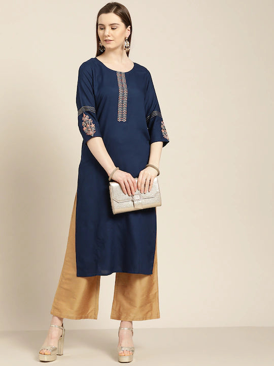 Blue Solid Embroidered Straight Kurta
