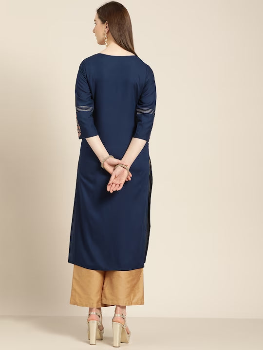 Blue Solid Embroidered Straight Kurta
