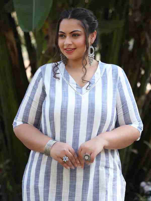 White & Blue Striped Cotton Yarn-Dyed Kurta With Palazzo