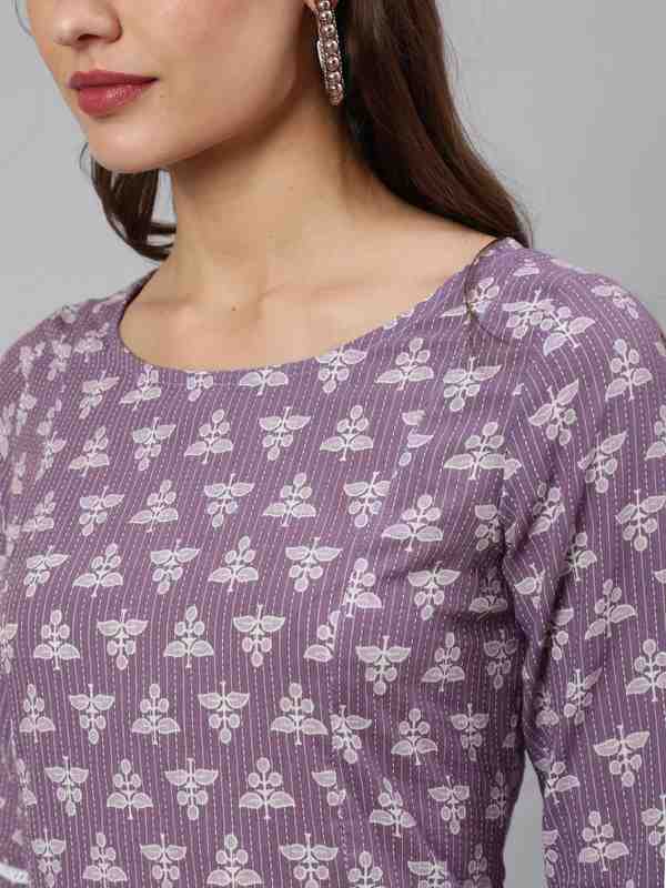 Lavender Woven Asymmetric Hemline Printed Kurta With Tulip Palazzo