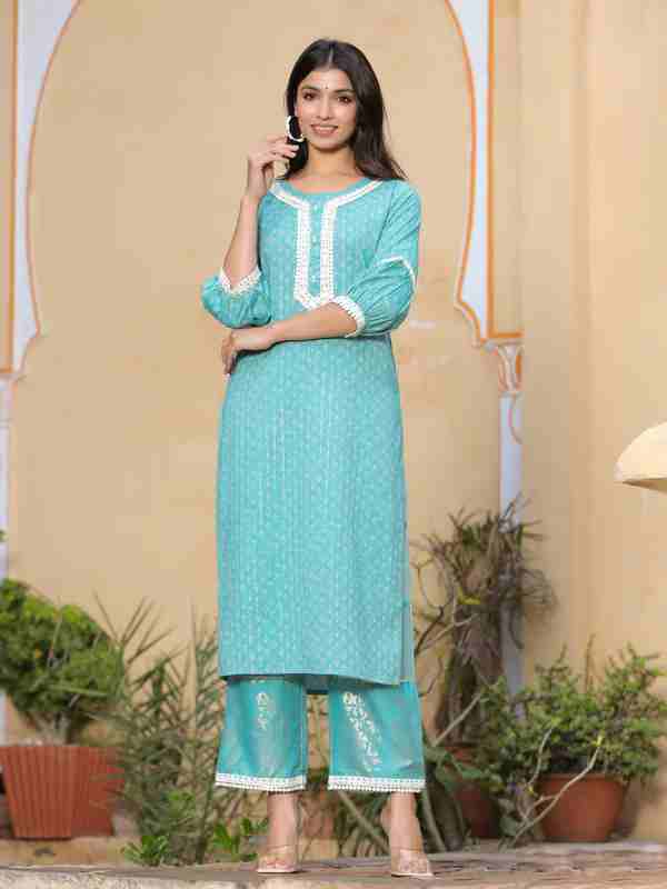 Blue Ethnic Motifs Print Straight Kurta With Palazzos