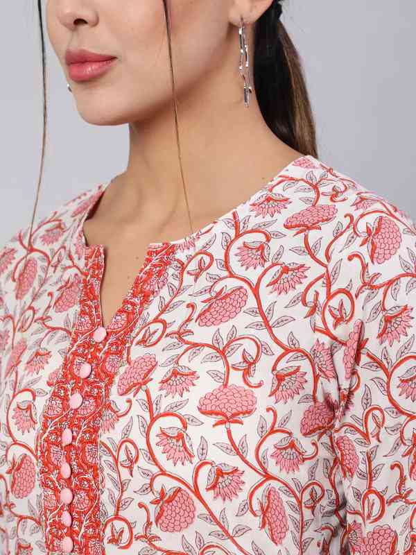 White & Pink Printed Straight Kurta Paired With Printed Palazzo