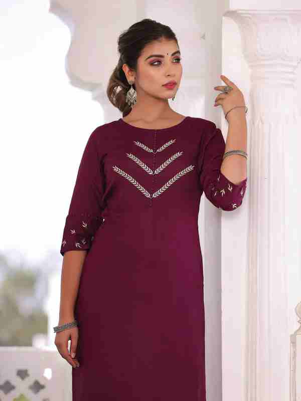 Wine Zari Yoke Design Straight Kurta With Palazzos