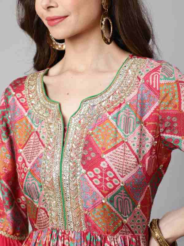 Pink Muslin Digital Printed Embroidered Flared Kurta With Solid Dupatta
