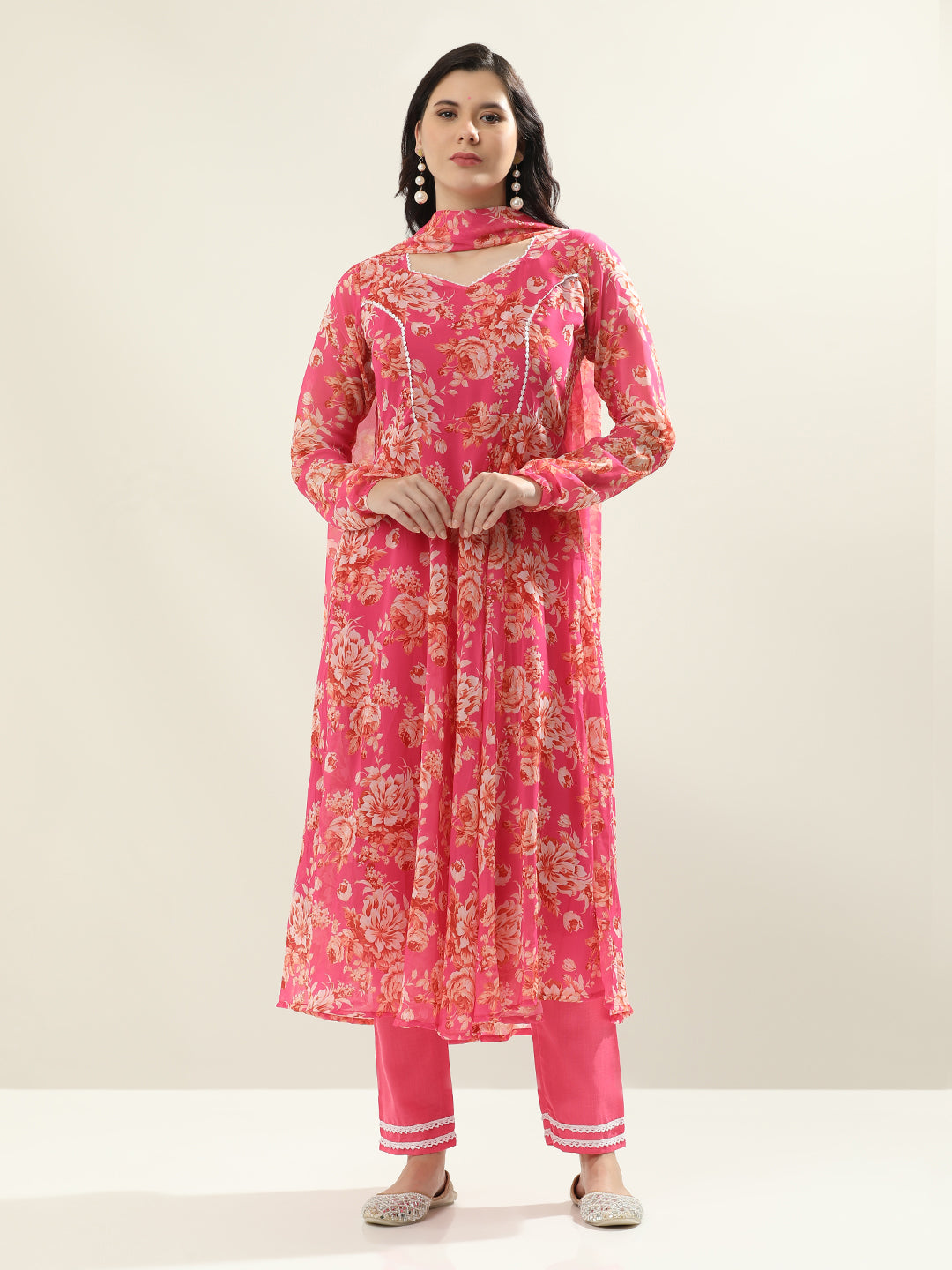 Floral Embroidered Anarkali Georgette Flared Kurta & Trousers Sets