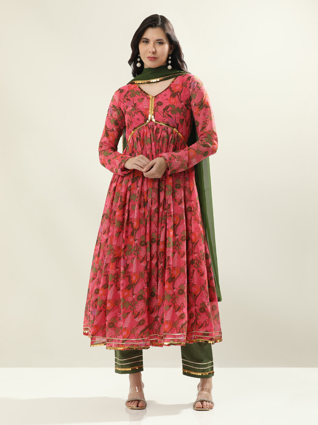 Floral Embroidered Anarkali Georgette Flared Kurta & Trousers Sets
