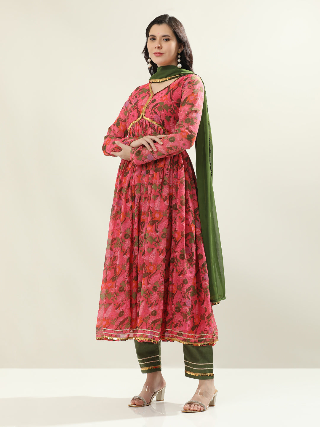 Floral Embroidered Anarkali Georgette Flared Kurta & Trousers Sets