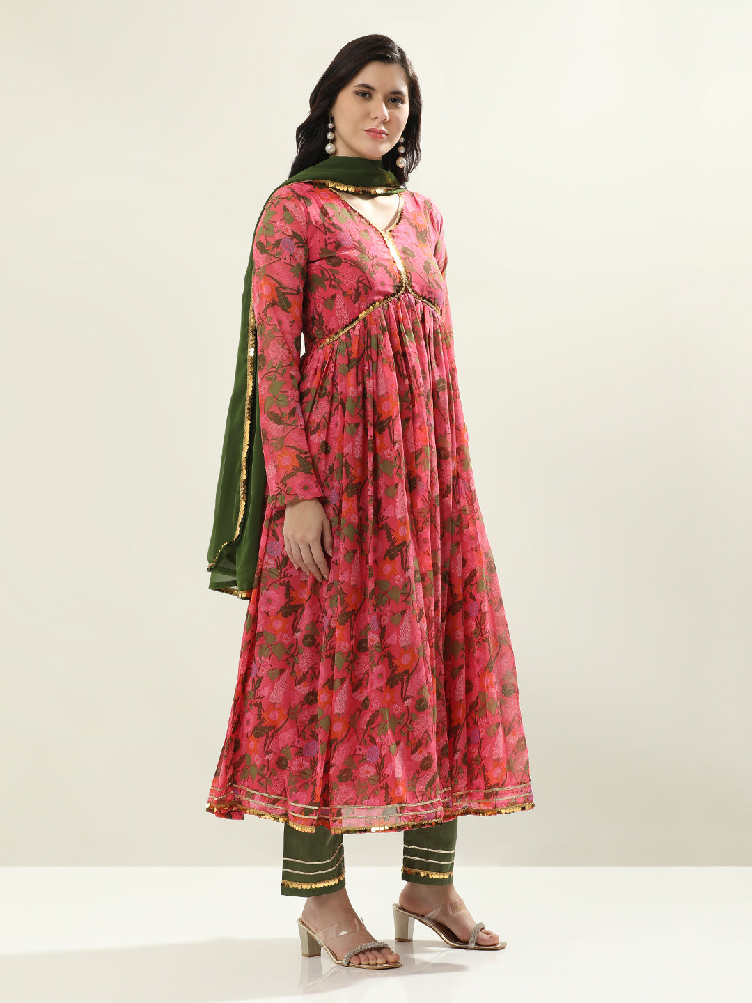 Floral Embroidered Anarkali Georgette Flared Kurta & Trousers Sets