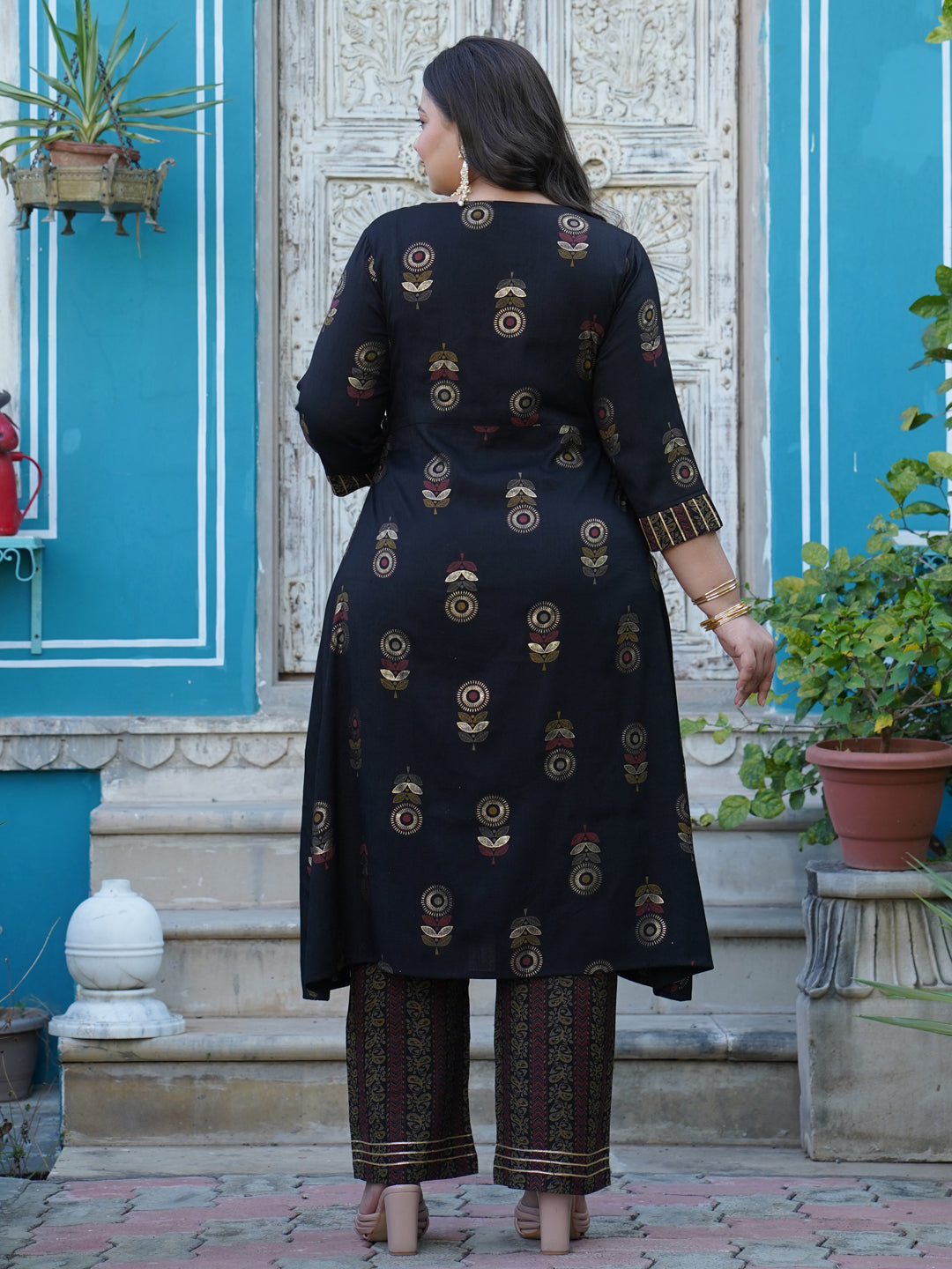 Black Rayon Slub Printed Kurta With Palazzo