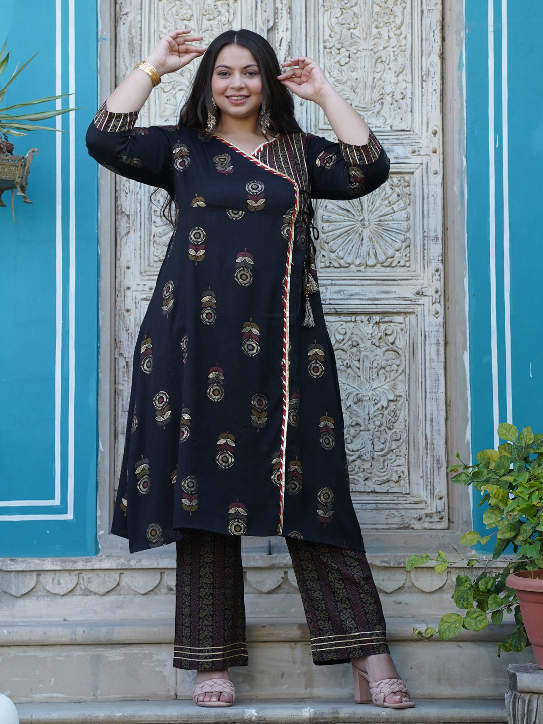 Black Rayon Slub Printed Kurta With Palazzo