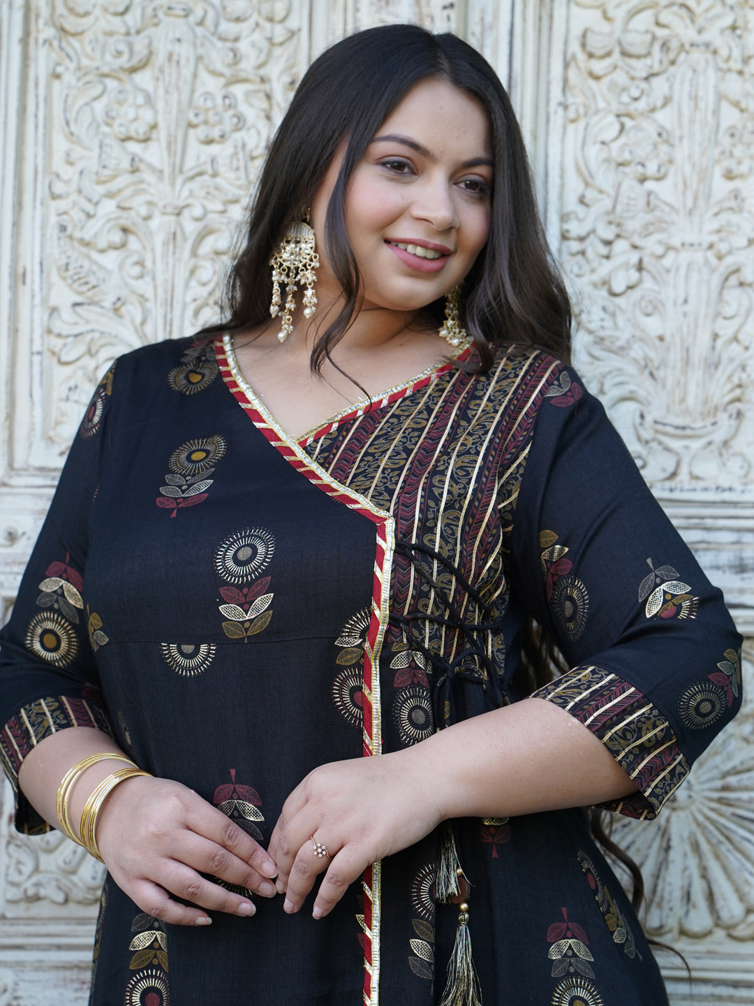 Black Rayon Slub Printed Kurta With Palazzo