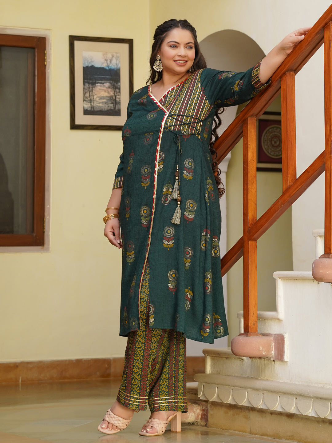 Green Rayon Slub Printed Kurta With Palazzo