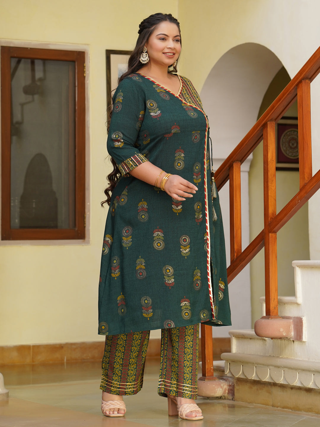 Green Rayon Slub Printed Kurta With Palazzo