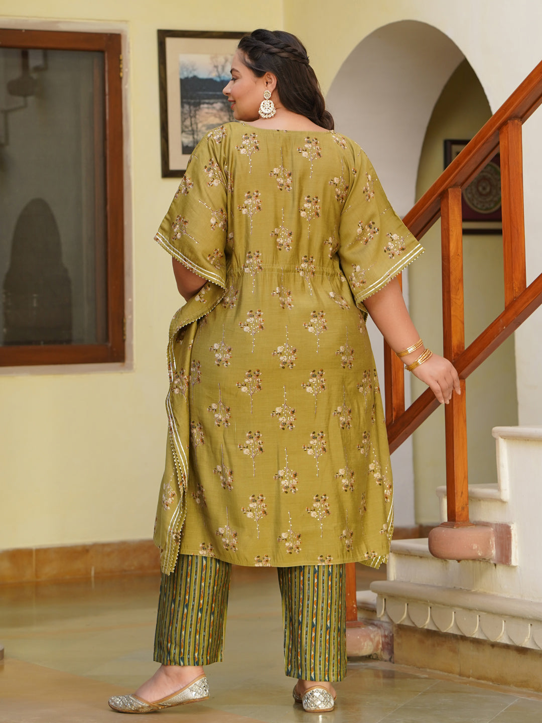 Green Chanderi Printed Kaftan With Pant