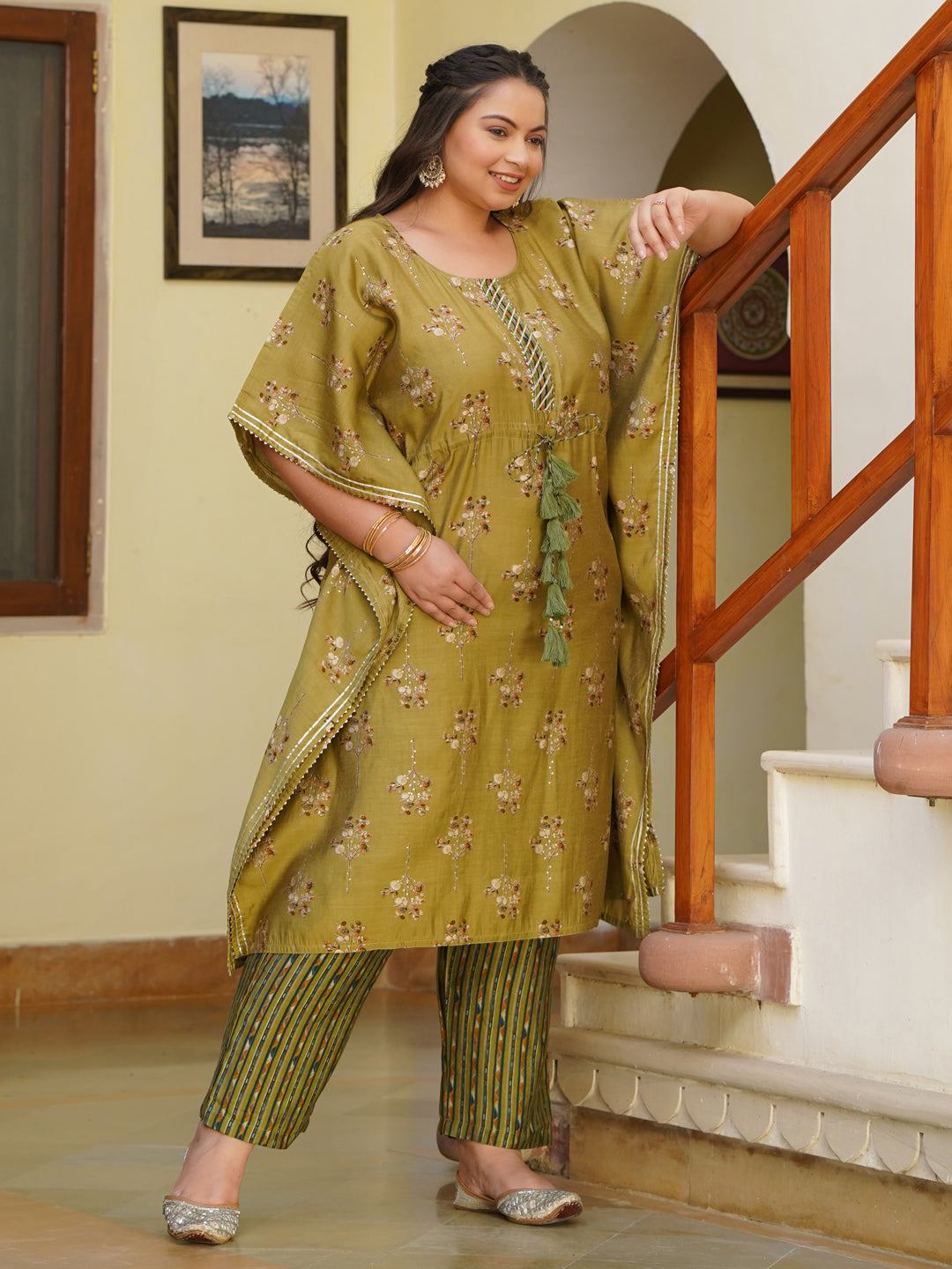 Green Chanderi Printed Kaftan With Pant