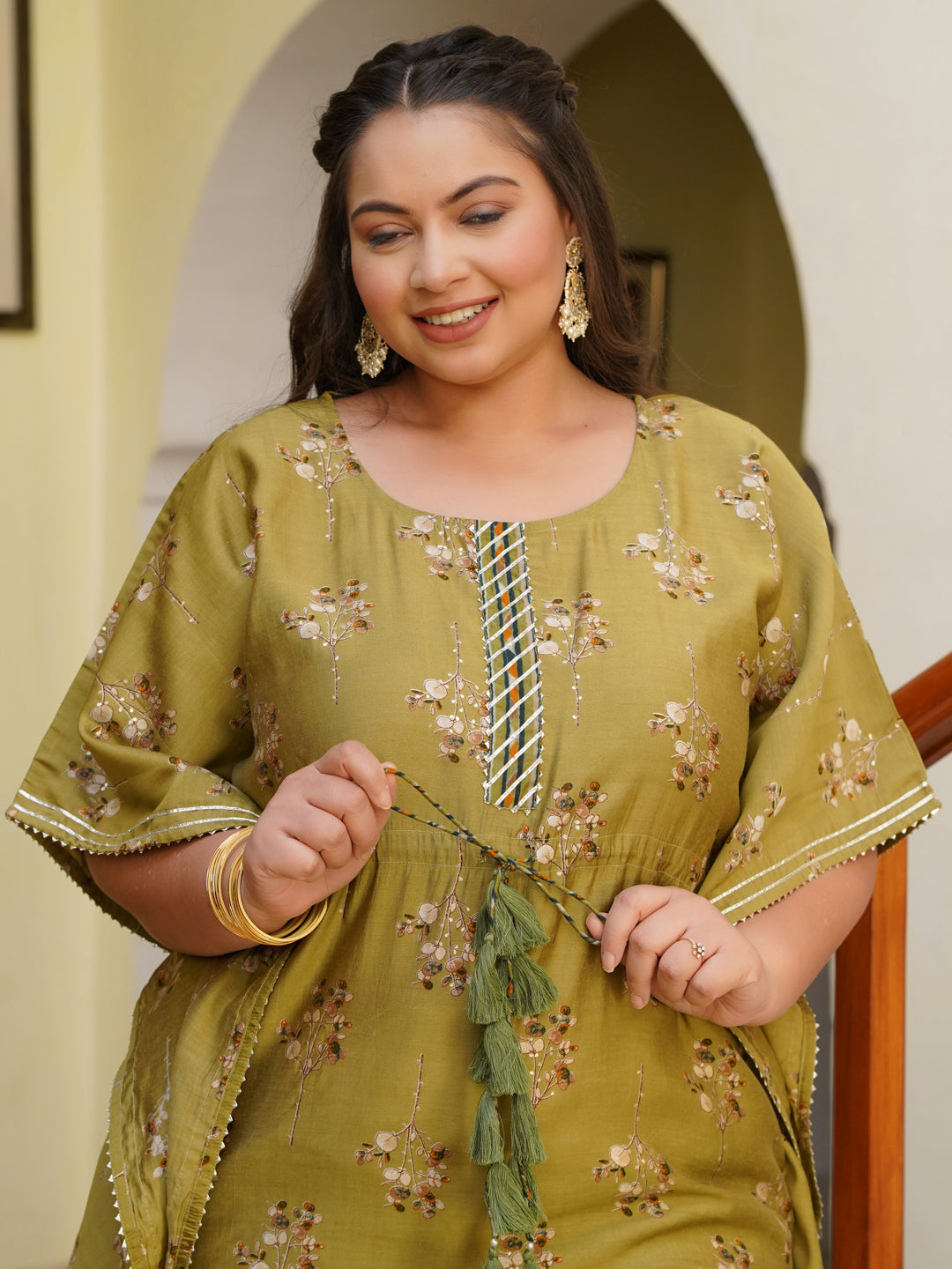 Green Chanderi Printed Kaftan With Pant