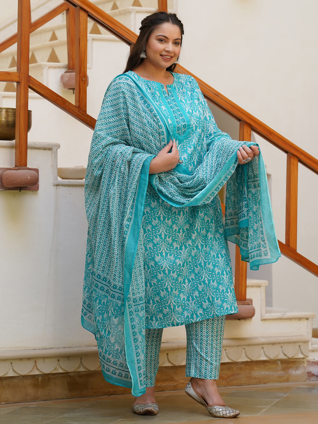Turquoise Blue & White Printed Kurta With Trousers & Dupatta