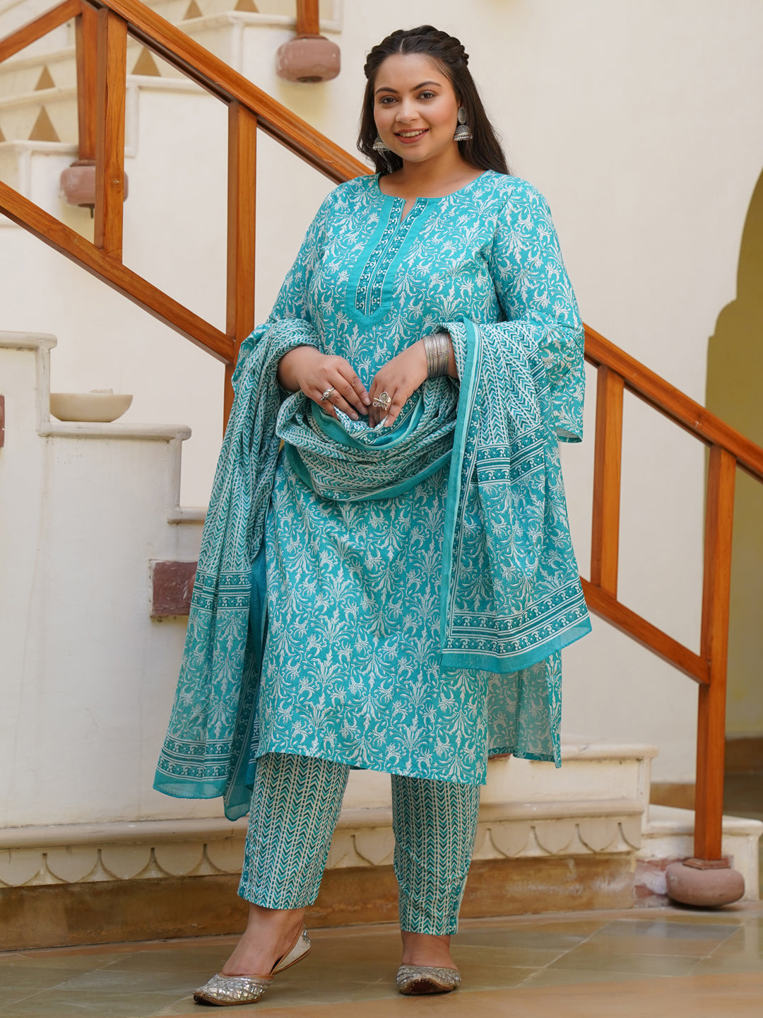 Turquoise Blue & White Printed Kurta With Trousers & Dupatta