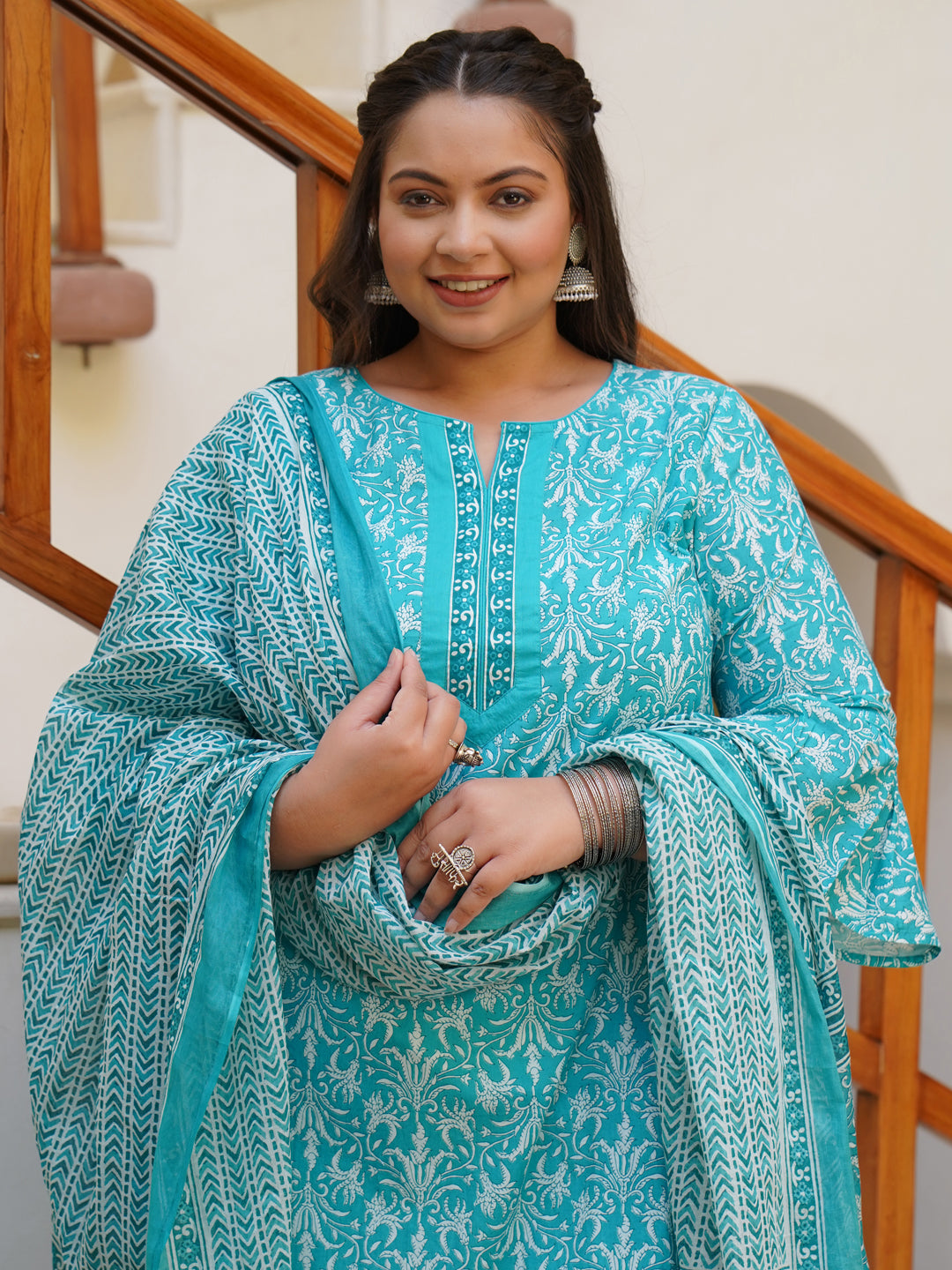 Turquoise Blue & White Printed Kurta With Trousers & Dupatta