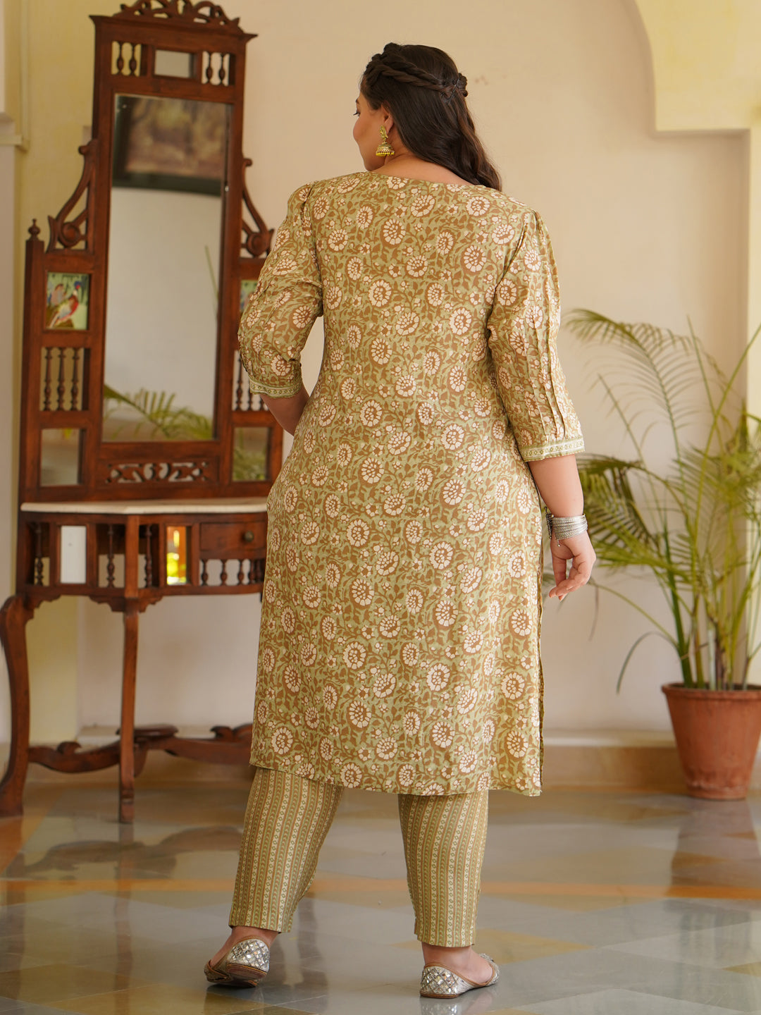 Green Printed Chanderi Kurta With Pants