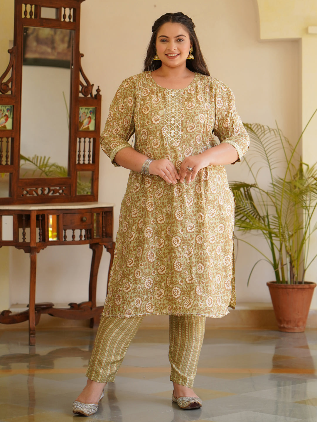 Green Printed Chanderi Kurta With Pants