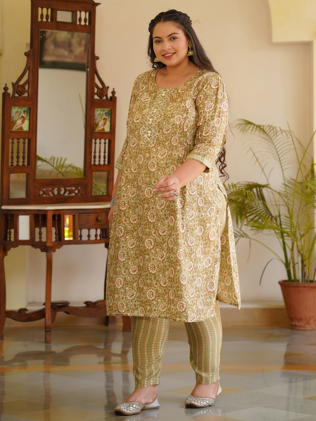 Green Printed Chanderi Kurta With Pants