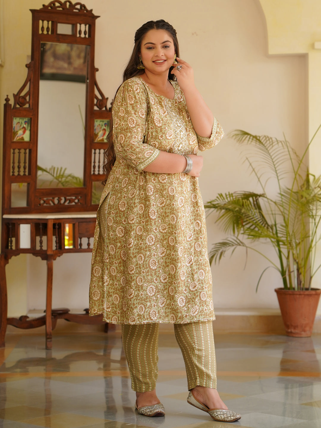 Green Printed Chanderi Kurta With Pants