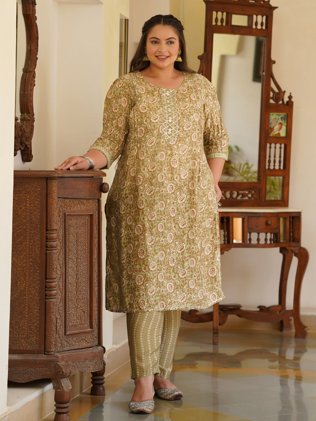 Green Printed Chanderi Kurta With Pants