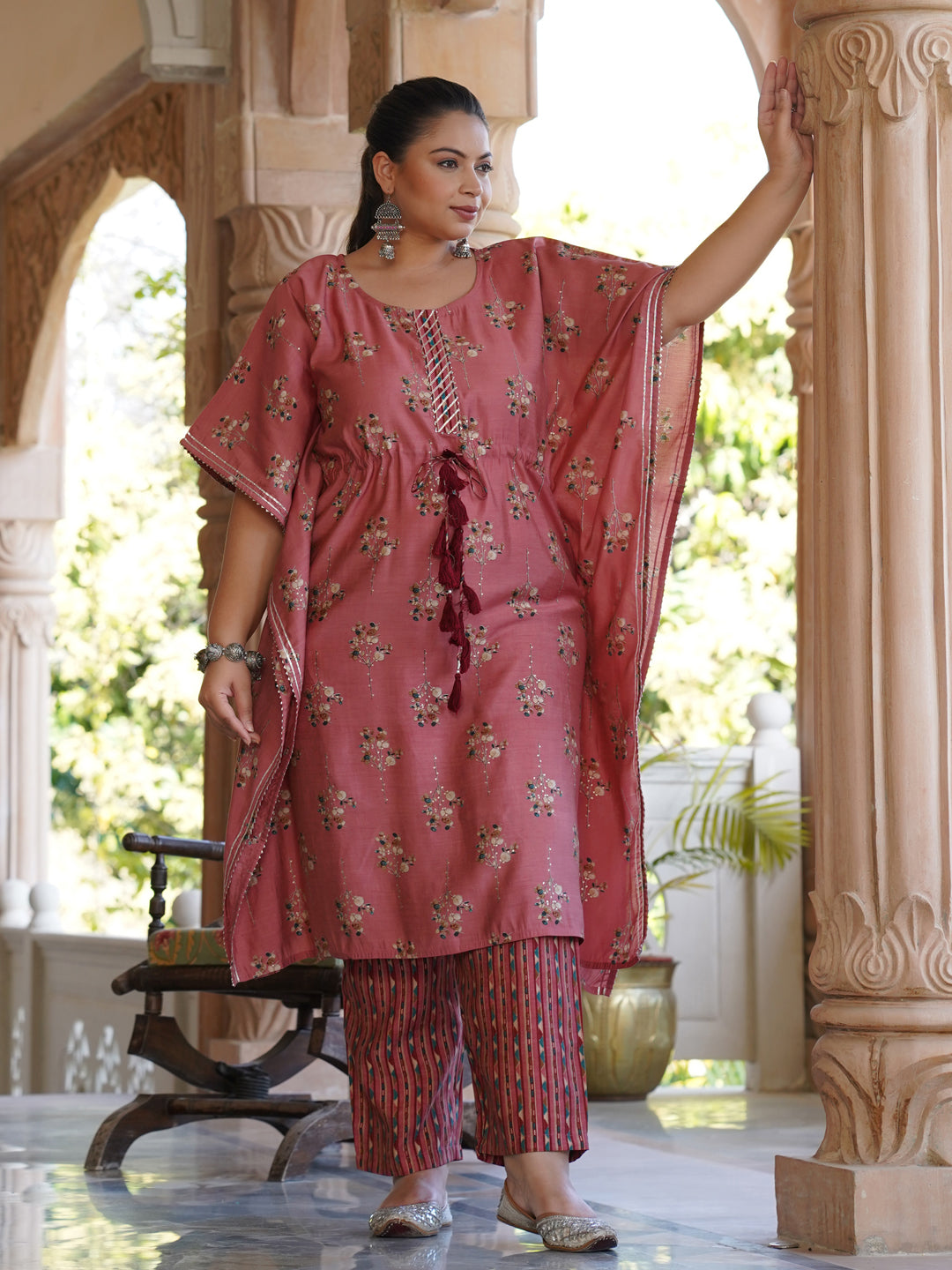 Pink Chanderi Printed Kaftan With Pant