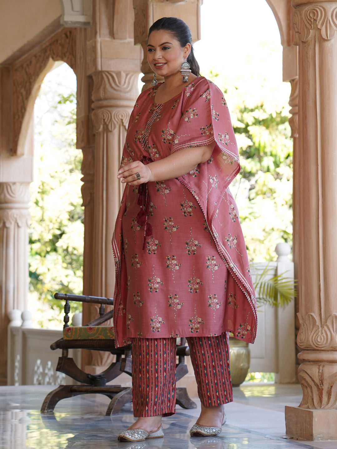 Pink Chanderi Printed Kaftan With Pant