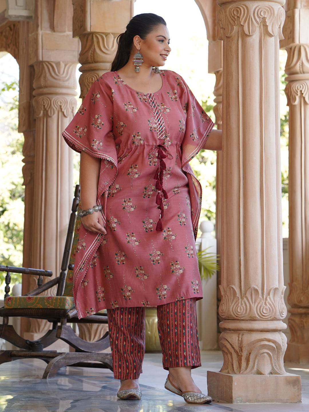 Pink Chanderi Printed Kaftan With Pant
