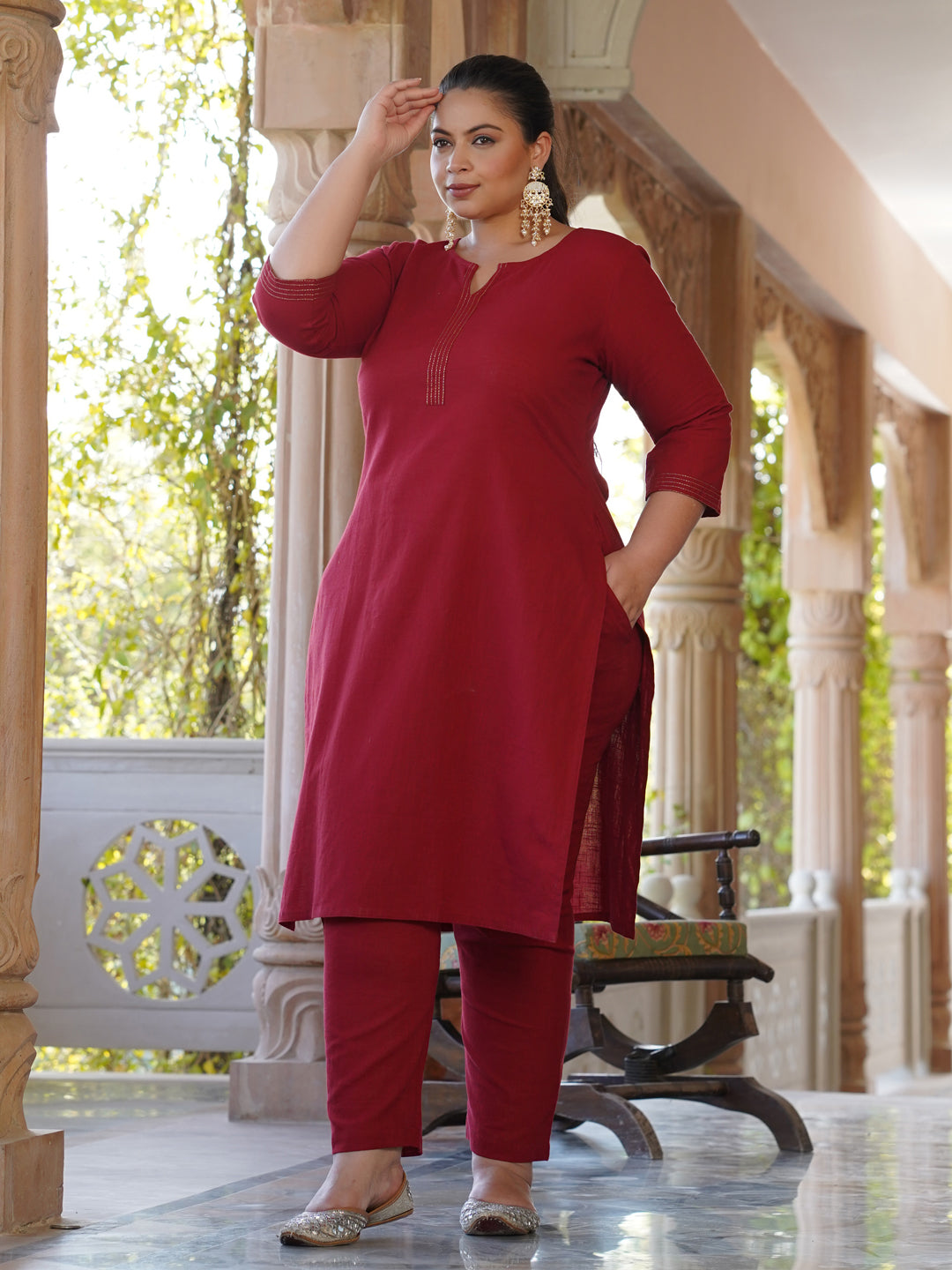 Maroon Embroidered Detail Solid Straight Kurta With Pants