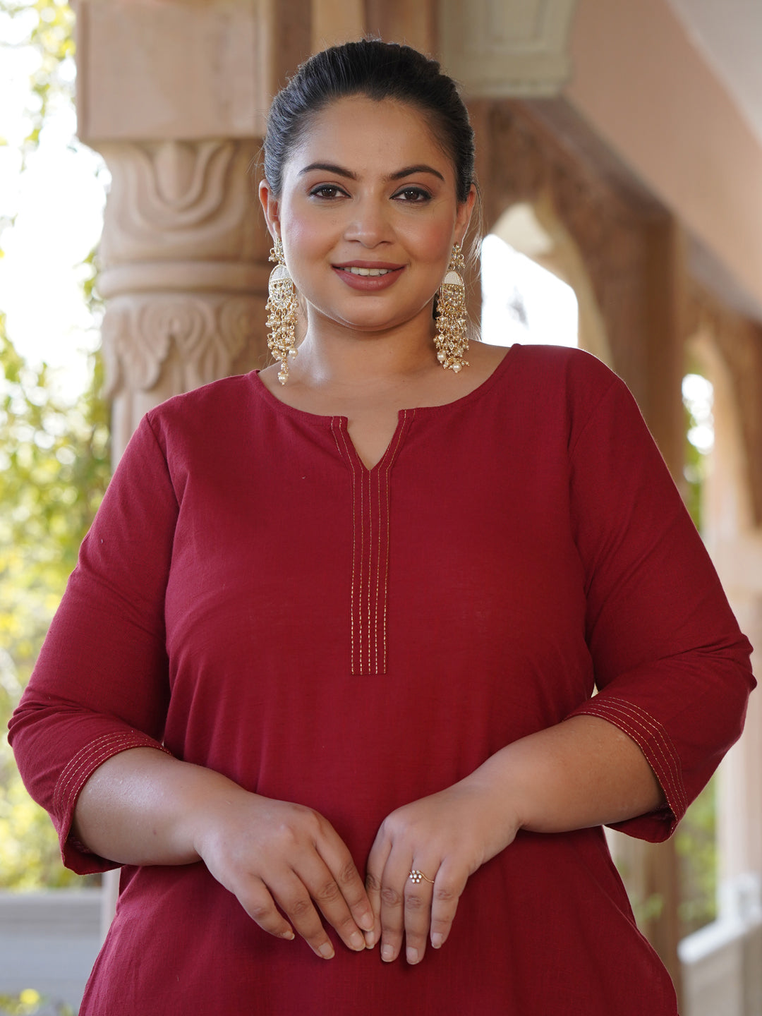 Maroon Embroidered Detail Solid Straight Kurta With Pants