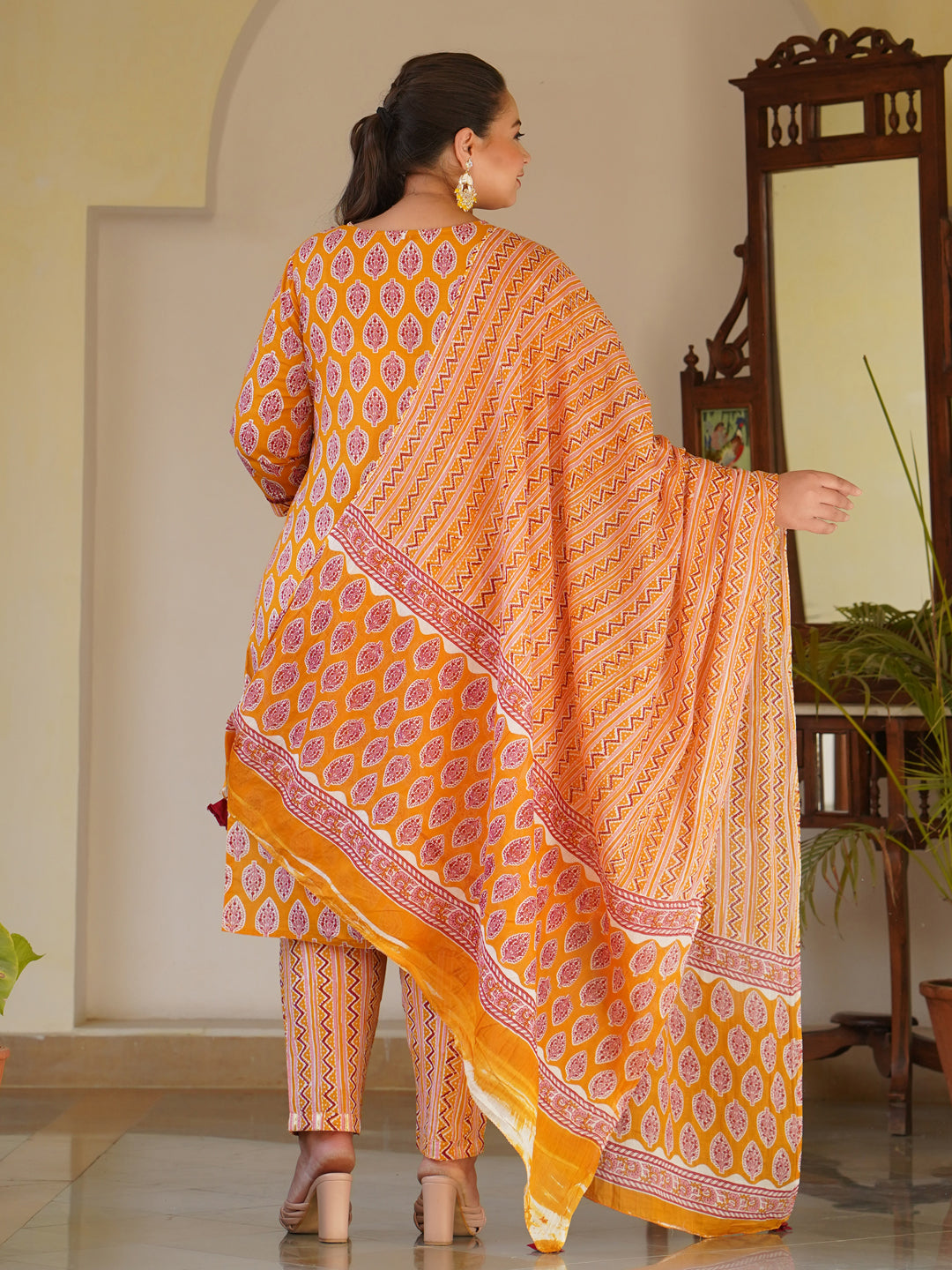 Mustard Ethnic Motifs Print Cotton Straight Kurta With Pants & Dupatta