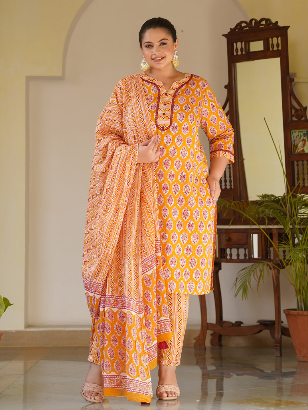 Mustard Ethnic Motifs Print Cotton Straight Kurta With Pants & Dupatta