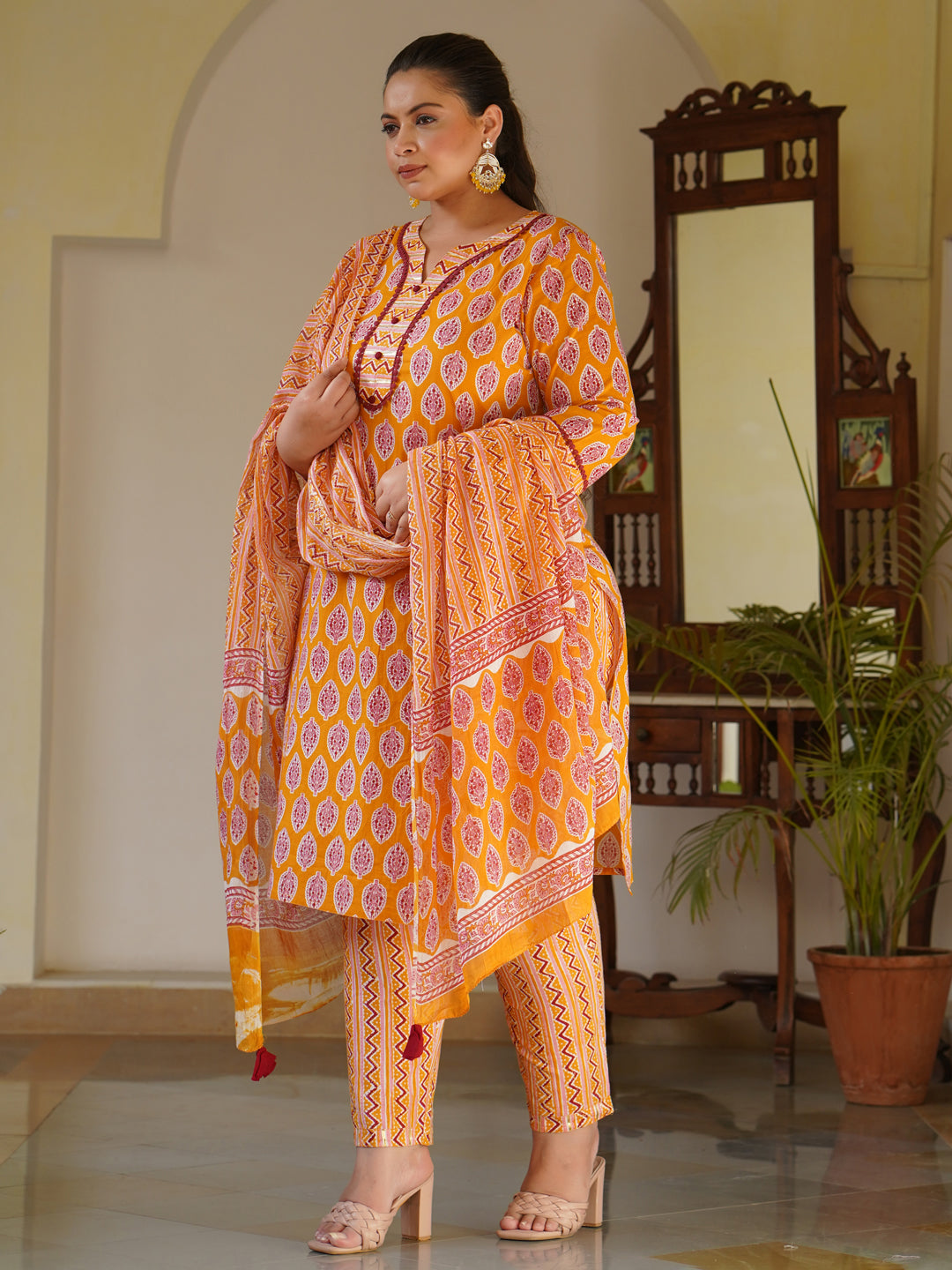 Mustard Ethnic Motifs Print Cotton Straight Kurta With Pants & Dupatta