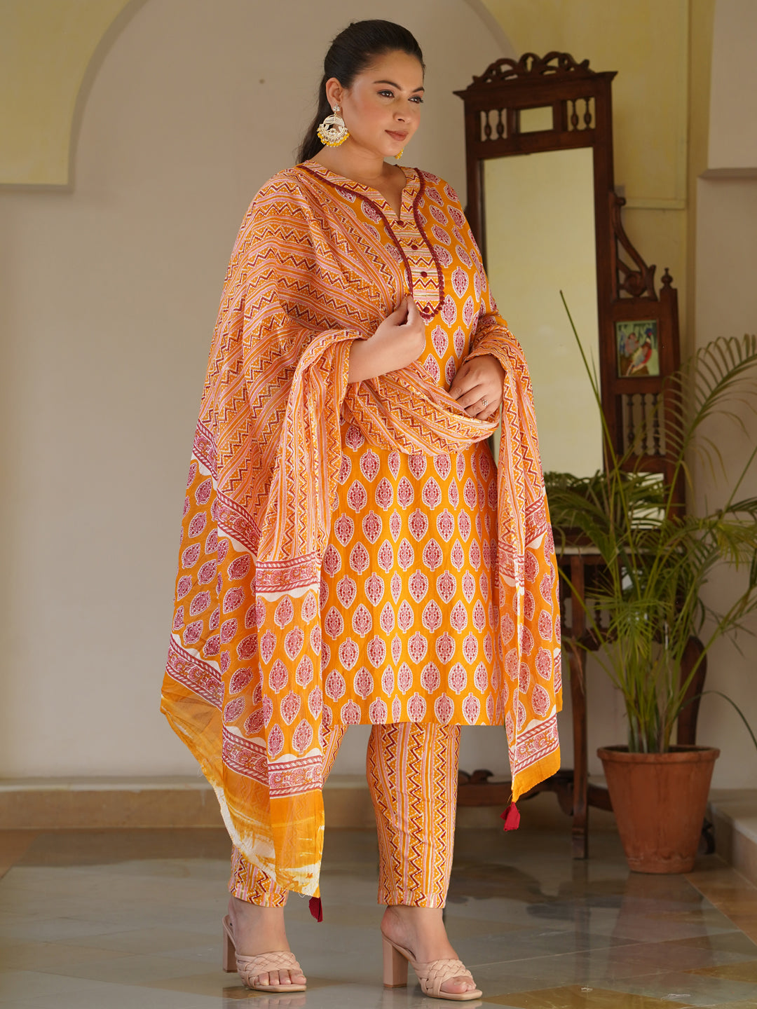 Mustard Ethnic Motifs Print Cotton Straight Kurta With Pants & Dupatta