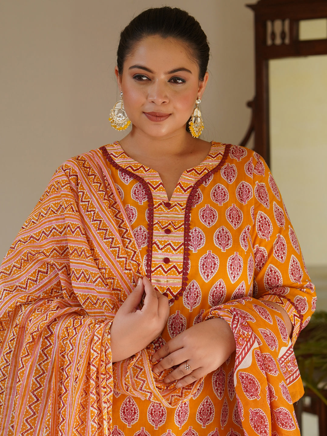Mustard Ethnic Motifs Print Cotton Straight Kurta With Pants & Dupatta