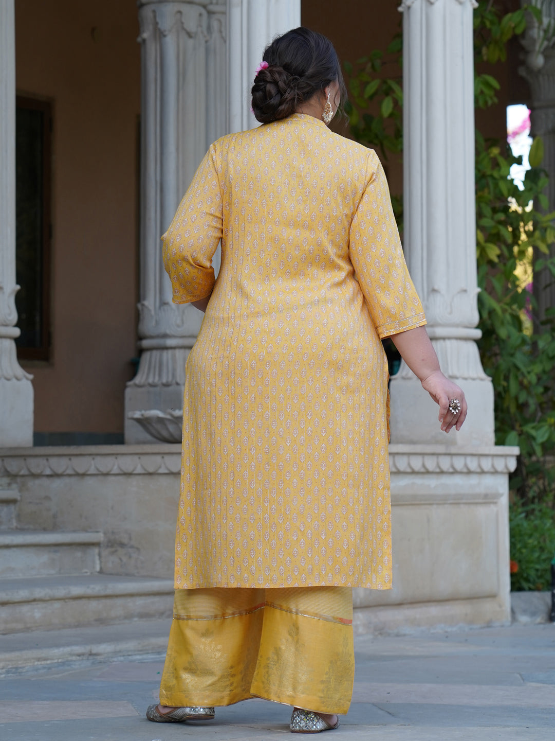 Yellow Printed Rayon Slub Kurta With Palazzo