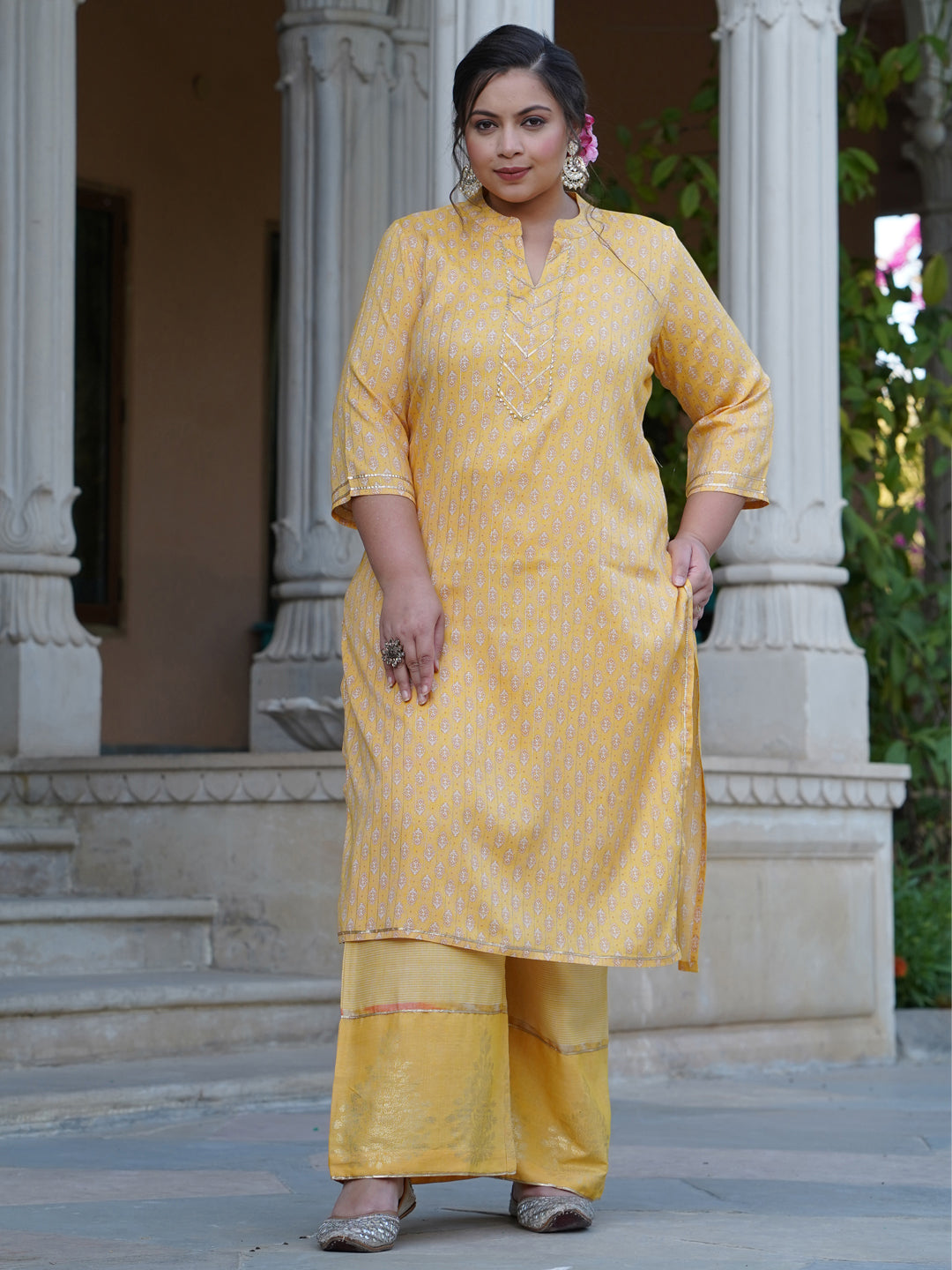 Yellow Printed Rayon Slub Kurta With Palazzo