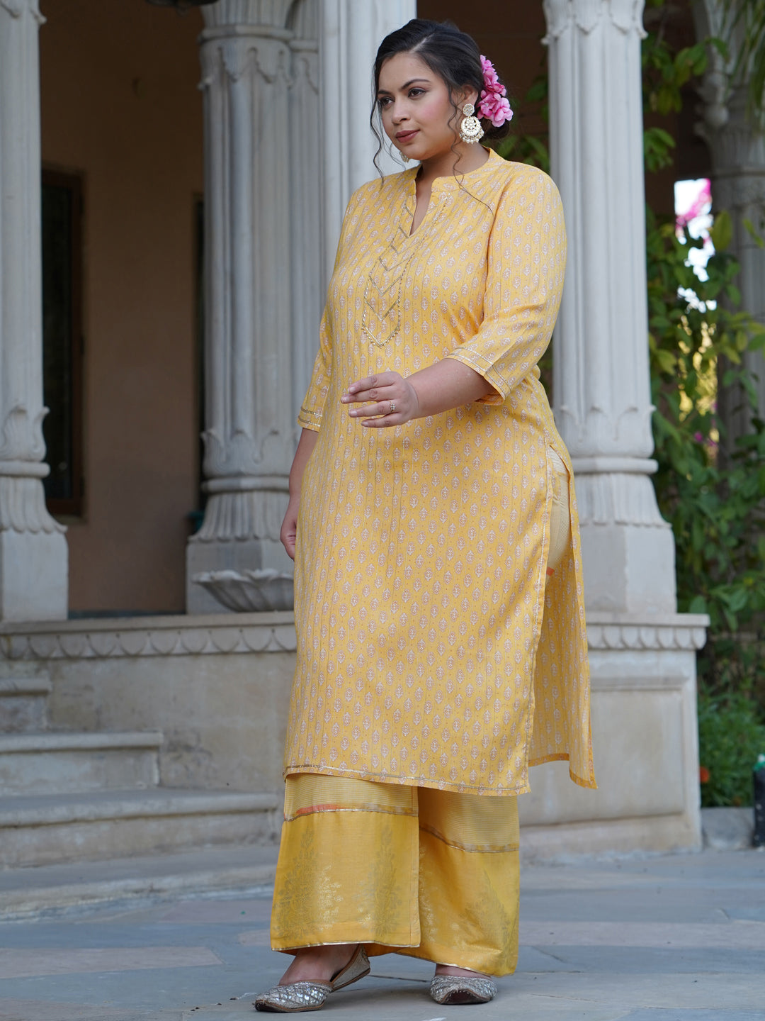 Yellow Printed Rayon Slub Kurta With Palazzo